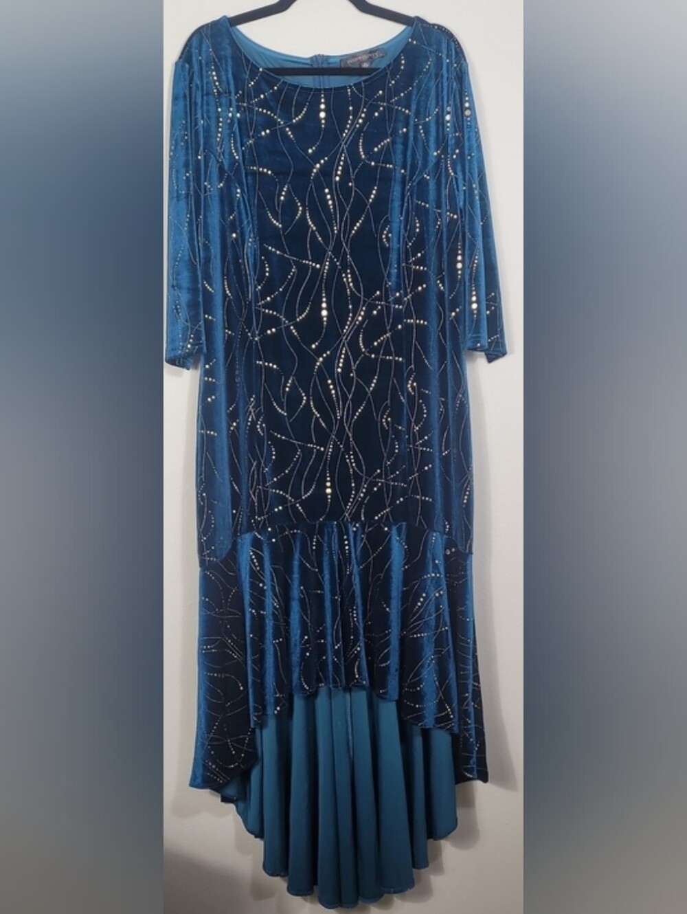 Ever Pretty Velvet High Low Maxi Dress Size 26 Blue Gold Plus Size Formal